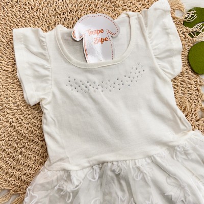 Vestido com Strass e Tule de Laços - Off White